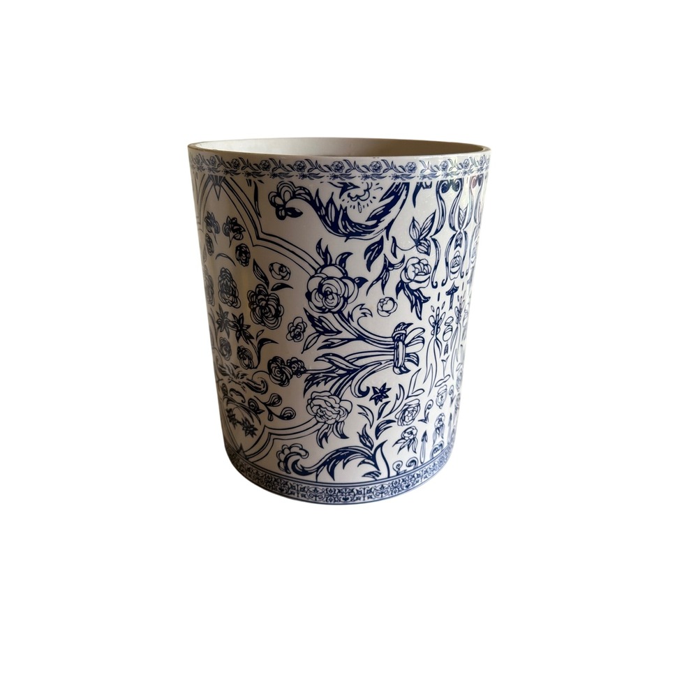 Kassatex Waste Basket Blue White Orsay Floral Toile Ceramic Trash Can Bathroom
